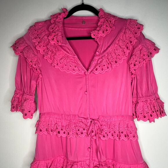 CeliaB Hot Pink Eyelet Ruffle Mini Dress Size Medium - Picture 9 of 12